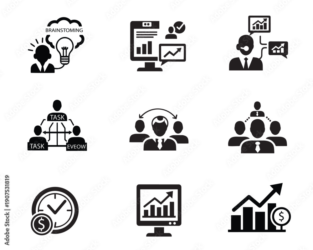 Fototapeta premium Business management and team collaboration icon set