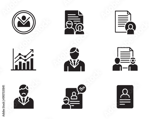 Human resources and recruitment icon set. HR management symbols for hiring, resume selection, staff data, and performance review. Vector glyphs.