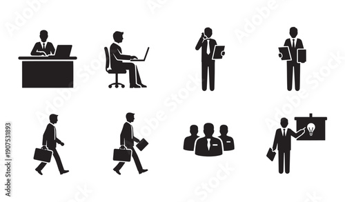 Business people and office staff silhouette set. Professional worker icons for management, presentation, and teamwork. Vector characters.
