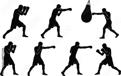 Boxer training silhouette collection featuring male athlete punching heavy bag and shadowboxing poses isolated on white background professional combat sport concept