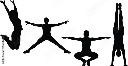 Dynamic fitness silhouettes of men and women jumping, squatting, stretching and handstand poses isolated on white background high energy workout concept