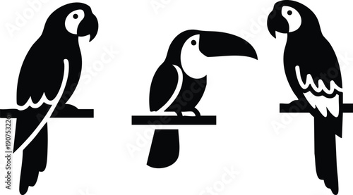 SEO Title: Tropical Bird Silhouette Set - Toucan and Parrot Macaw Perching Vector Icons