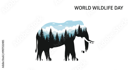 Graphic illustration of a world wildlife animal elephant silhouette with trees and mountains on a white background for World Wildlife Day.