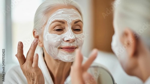 Wallpaper Mural Elderly Woman Applying Skincare Cream in Bathroom Mirror. Torontodigital.ca