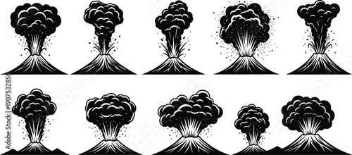 Set of volcanic eruption silhouettes featuring mountains with smoke clouds and ash explosions for natural disaster themes and geological science graphic design