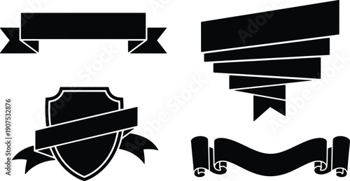 Ribbon banners with shield badge and scroll label silhouettes collection