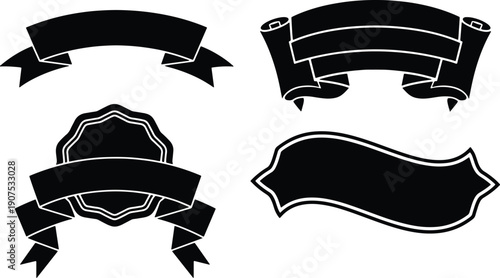 Black vintage ribbon banners and decorative badge label silhouette vector collection