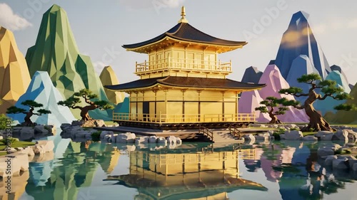 Golden Pagoda Temple Reflected in Serene Water Surrounded by Stylized Mountains and Bonsai Trees