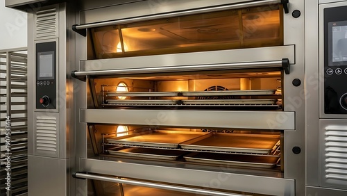 Industrial steel baking oven with multiple racks operates in a commercial kitchen
