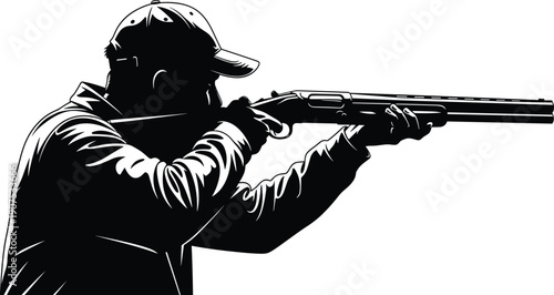 Side profile of male hunter aiming shotgun, black and white vector silhouette of clay pigeon shooter, outdoor sporting activity, sportsman target shooting