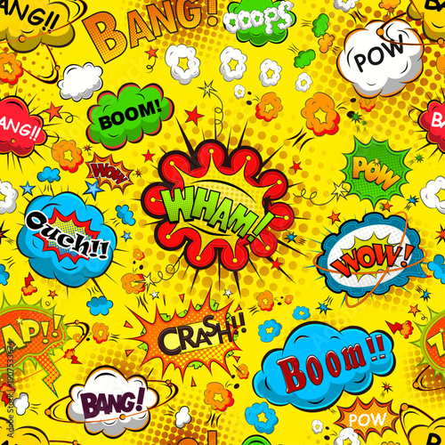 Seamless vector pattern of retro comic sound effects. Colorful pop art bubbles like boom, bang, and wham on yellow halftone background.