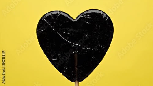 Black heart shaped lollipop on a bright yellow background.