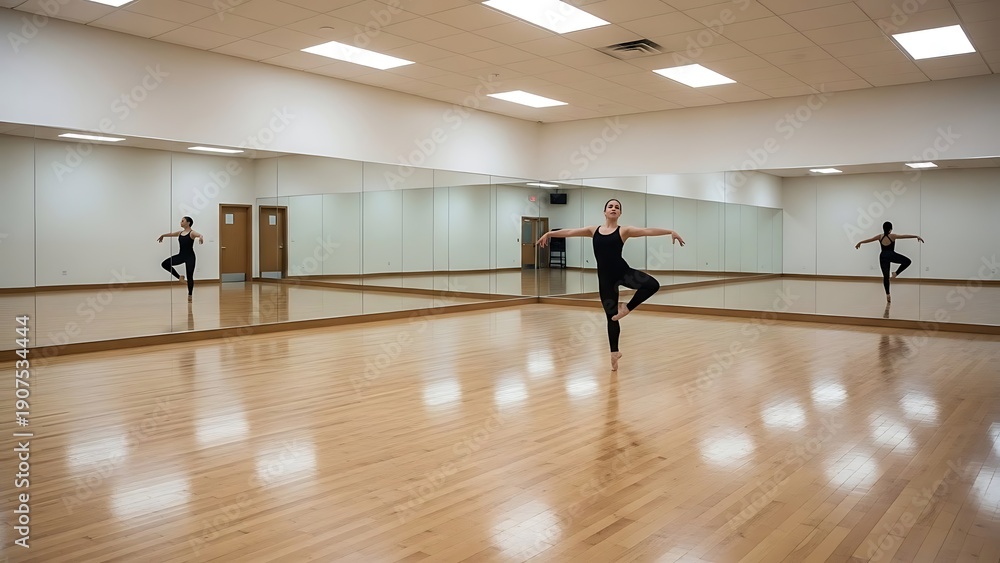Obraz premium Dancer practices routine in studio with mirrored walls during afternoon session