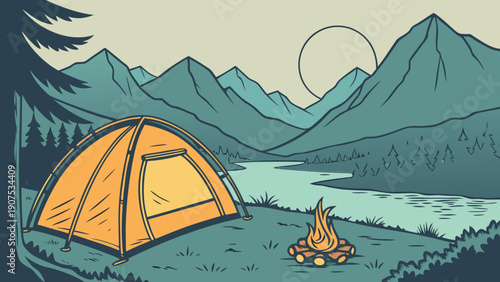 Camping in a serene mountain landscape with a tent and campfire by a lake at sunset or sunrise
