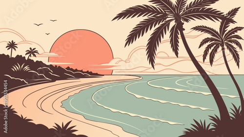 Serene tropical beach at sunset with palm trees and calm ocean waves on a warm summer evening