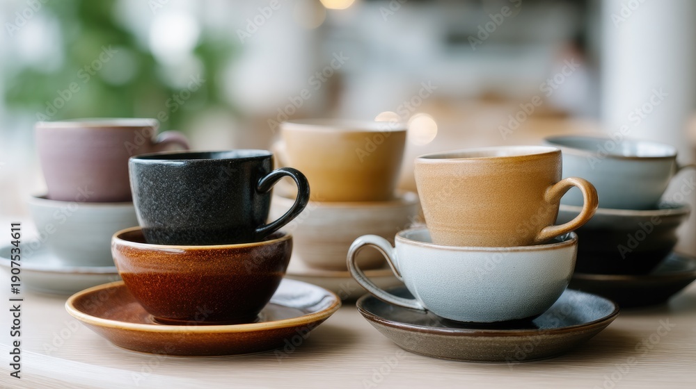 Fototapeta premium Assorted Coffee Cups Stacked on Wooden Surface in a Cozy Cafe Setting with Soft Background Lighting