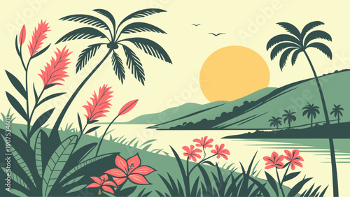 Vibrant tropical landscape with palm trees, flowers, and serene lake at sunset, evoking feelings of relaxation and tranquility always