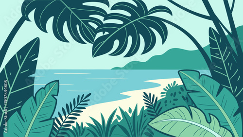 Tropical beach landscape with lush greenery and palm trees in a serene and peaceful atmosphere