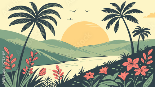 Tropical landscape with palm trees, flowers, and sunset over hills and water