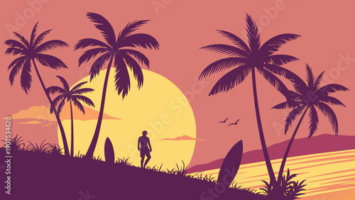A serene tropical sunset scene with a surfer standing on a hill overlooking the ocean and palm trees