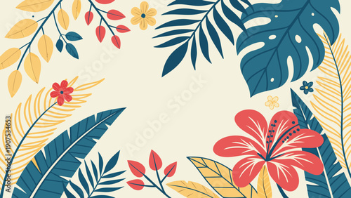 Vibrant tropical floral pattern with colorful leaves and flowers on cream background