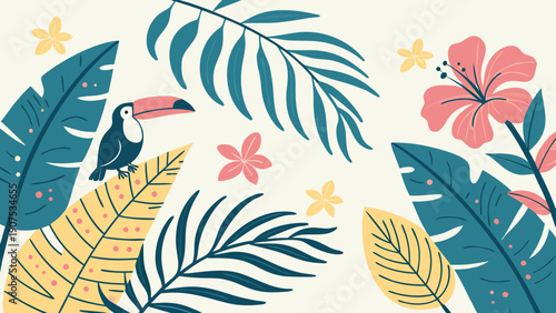 Vibrant tropical illustration with toucan, palm leaves, and hibiscus flowers in a colorful, playful, and exotic design