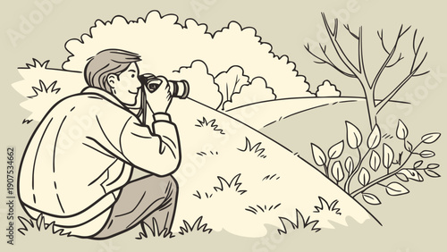 A man crouches in a field taking a photo with his camera in a serene natural landscape setting.