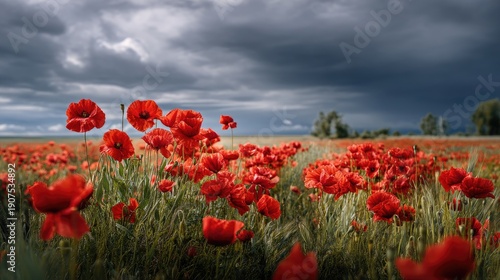 Vibrant Red Poppies Blooming Under Dramatic Clouds in Open Field Landscape