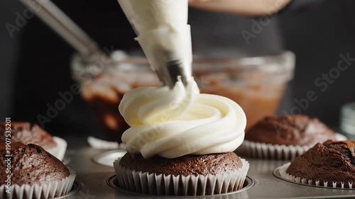 Close-up of homemade chocolate cupcakes being frosted and decorated with chocolate shavings
