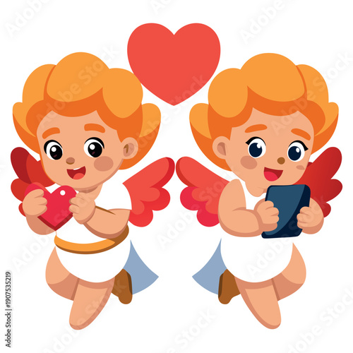 Cute Cupid Angel Holding Heart and Smartphone Cartoon Icon Set on White Background.