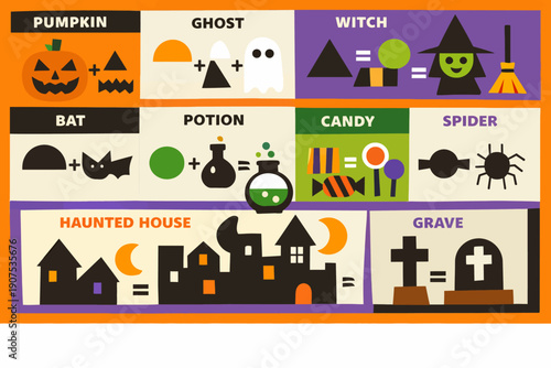 Halloween Geometric Shape Recipe Infographic: Simple Tutorial for Creating Pumpkin, Ghost, Witch, Candy, and Haunted House Icons in Flat Design.