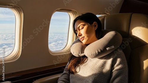 Wallpaper Mural Young woman resting with neck pillow on airplane window seat during flight. Torontodigital.ca
