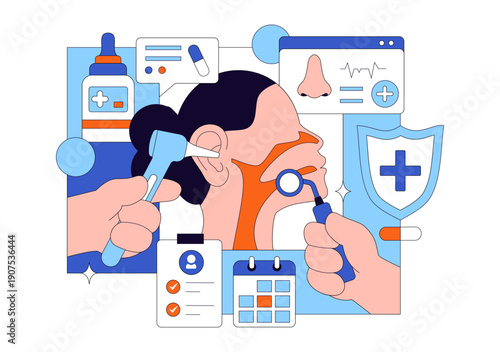 Otorhinolaryngologist Vector Illustration in a Healthcare Environment Related to Medical Conditions of the Ear Nose and Throat on a Flat Background