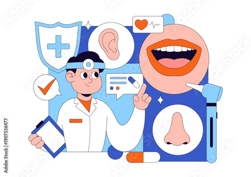 Otorhinolaryngologist Vector Illustration in a Healthcare Environment Related to Medical Conditions of the Ear Nose and Throat on a Flat Background