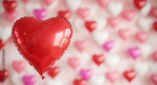 A single bright red heart-shaped balloon floating against a soft, blurred background of hearts.