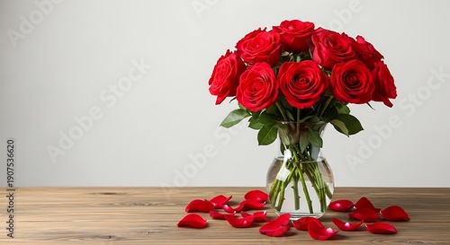 Romantic red roses in a vase on a wooden table