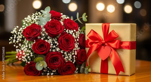 A beautiful bouquet of red roses and a gift box for valentine's day
