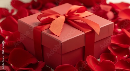 A beautiful red gift box tied with a satin ribbon surrounded by rose petals
