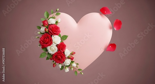A delicate pink heart adorned with red and white roses on a soft pink background