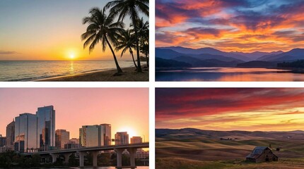 Four diverse scenes of vibrant sunset and sunrise landscapes featuring tropical beaches mountain lakes city skylines and rural fields ideal for travel and nature concepts