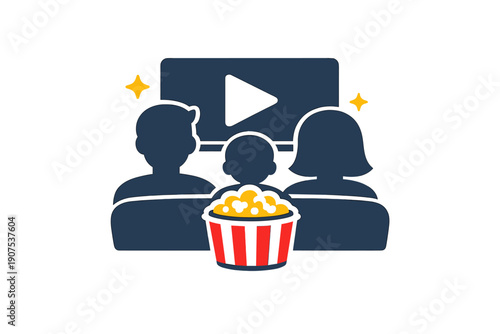 Family watching movie with popcorn, flat icon illustration