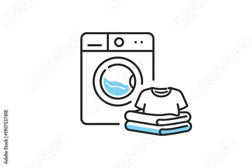 Line art icon of washing machine with stacked clothes and water