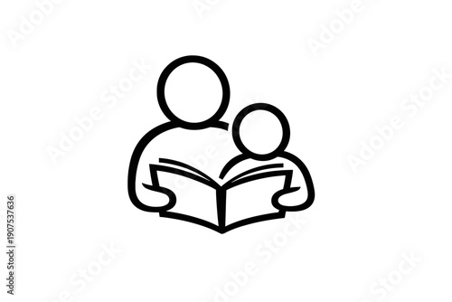 Parent and child reading a book together, minimalist illustration