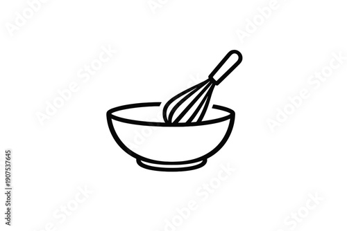 Simple line art icon of a mixing bowl with a whisk