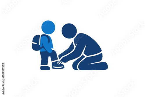 Parent tying child's shoelaces with backpack