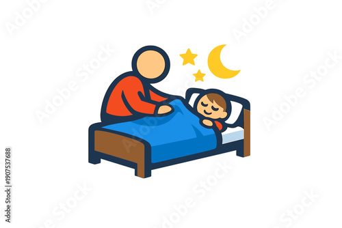 Parent tucking sleepy child into bed under moonlight and stars