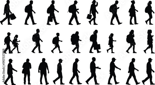 People walking silhouettes collection showing men, women and children with backpacks, bags and phones, isolated black vector set for travel, urban lifestyle, daily activity and motion concepts