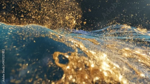 Mesmerizing close-up of glittering golden particles splashing dynamically through crystal-clear water, creating an ethereal and vibrant abstract display of liquid energy