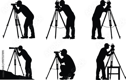 Photographer and surveyor silhouettes using tripod equipment in different working poses, black professional human figures, camera and measuring instruments isolated on white vector illustration