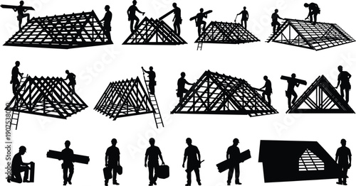 Roof construction worker silhouettes showing carpenters assembling wooden trusses, installing roofing structures and carrying materials for residential building and construction process illustration